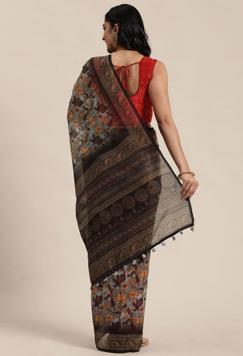Grey Cotton Silk Kalamkari Printed Traditional Saree