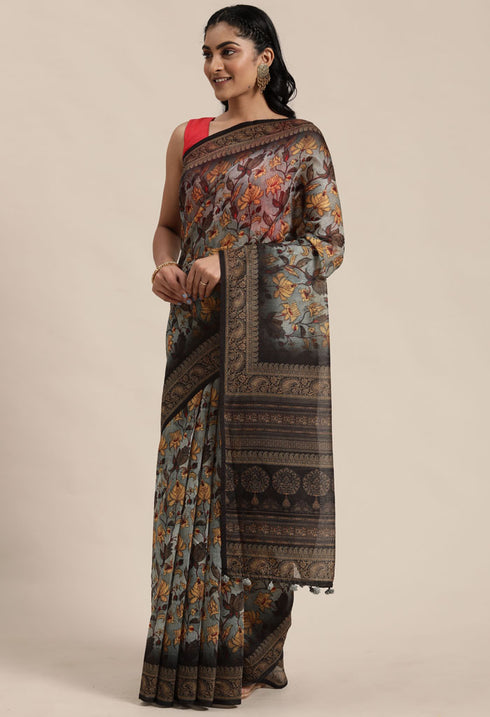 Grey Cotton Silk Kalamkari Printed Traditional Saree