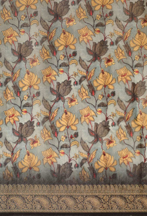 Grey Cotton Silk Kalamkari Printed Traditional Saree
