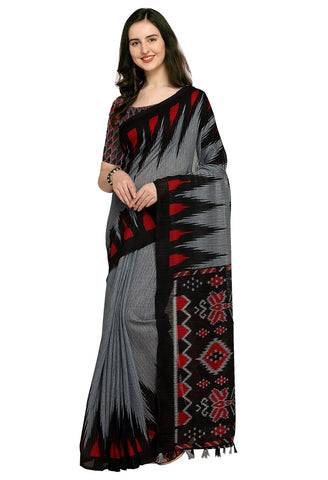 Grey & Black Linen Cotton Printed Traditional Saree