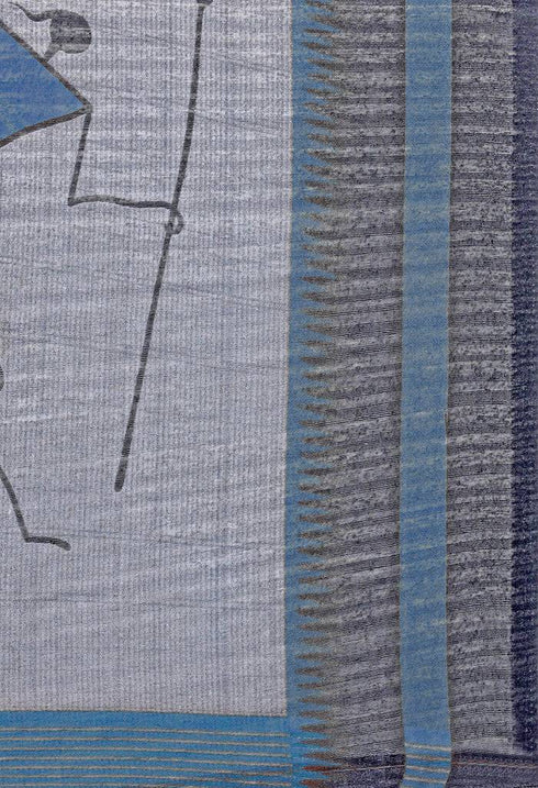 Blue Linen Cotton Printed Traditional Saree