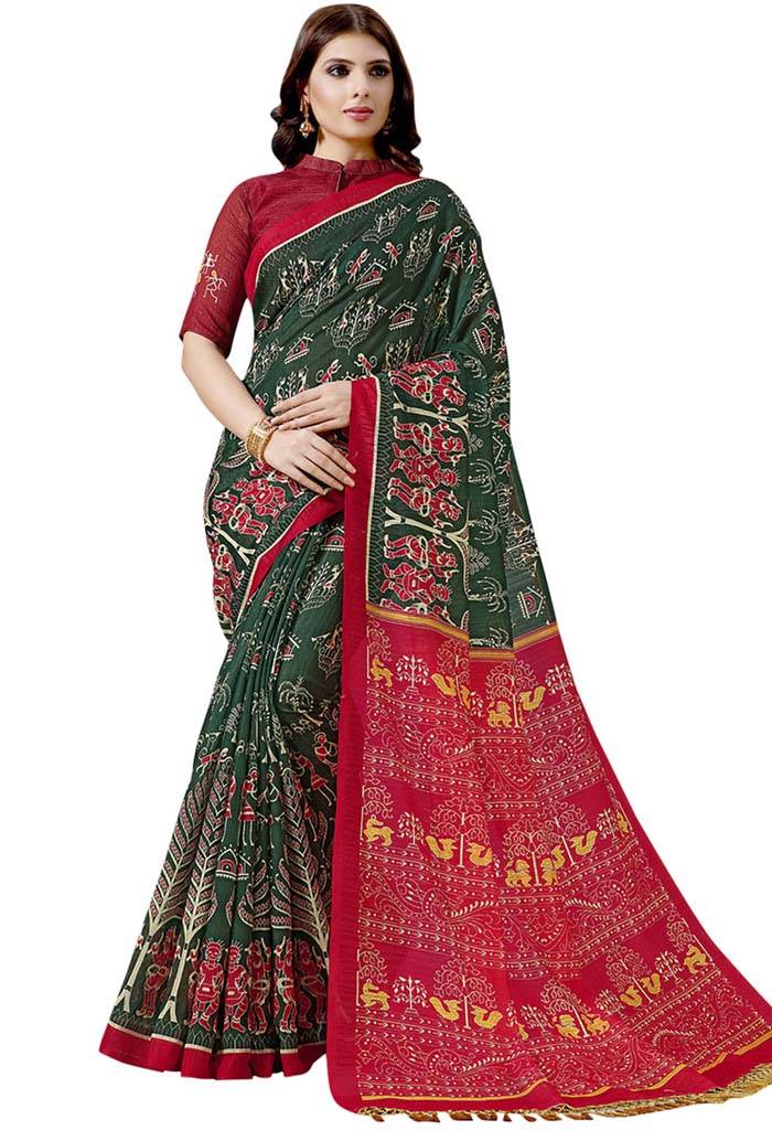 Green Cotton Silk Printed Traditional Saree