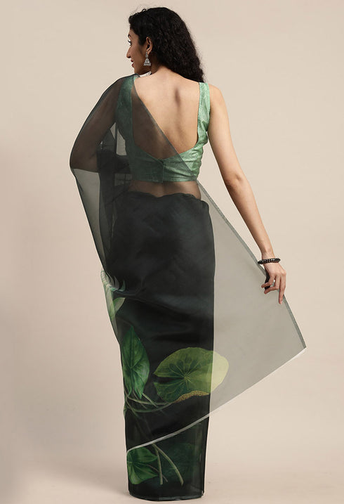 Bottle Green Organza  Printed Traditional Saree
