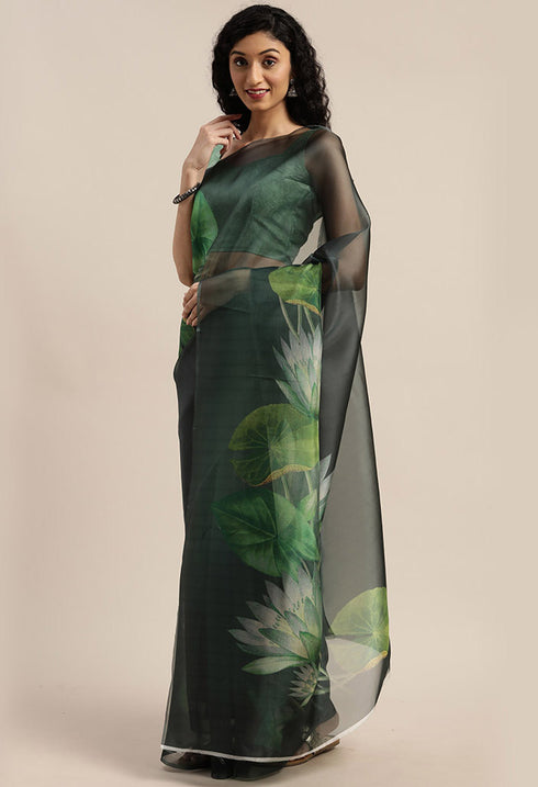 Bottle Green Organza  Printed Traditional Saree