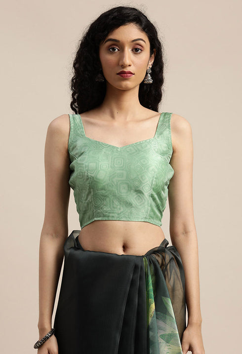 Bottle Green Organza  Printed Traditional Saree