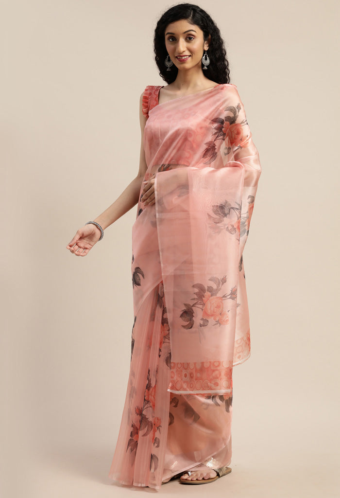 Peach Organza  Printed Traditional  Saree
