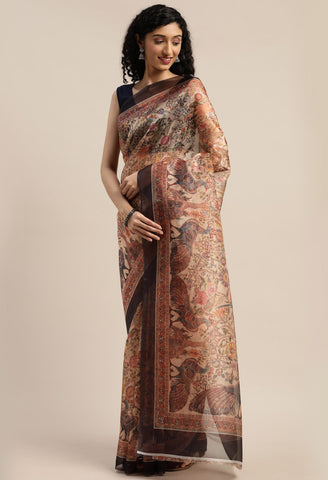 Beige Organza  Printed Traditional  Saree
