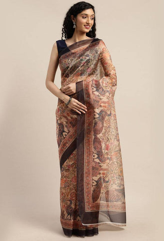 Beige Organza  Printed Traditional  Saree