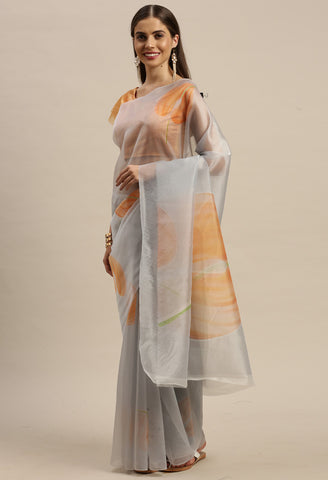 Grey And Yellow Organza Digital Floral Printed Traditional  Saree