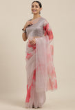 Grey And Pink Organza Digital Floral Printed Traditional  Saree