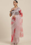 Grey And Pink Organza Digital Floral Printed Traditional  Saree