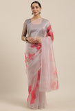 Grey And Pink Organza Digital Floral Printed Traditional  Saree