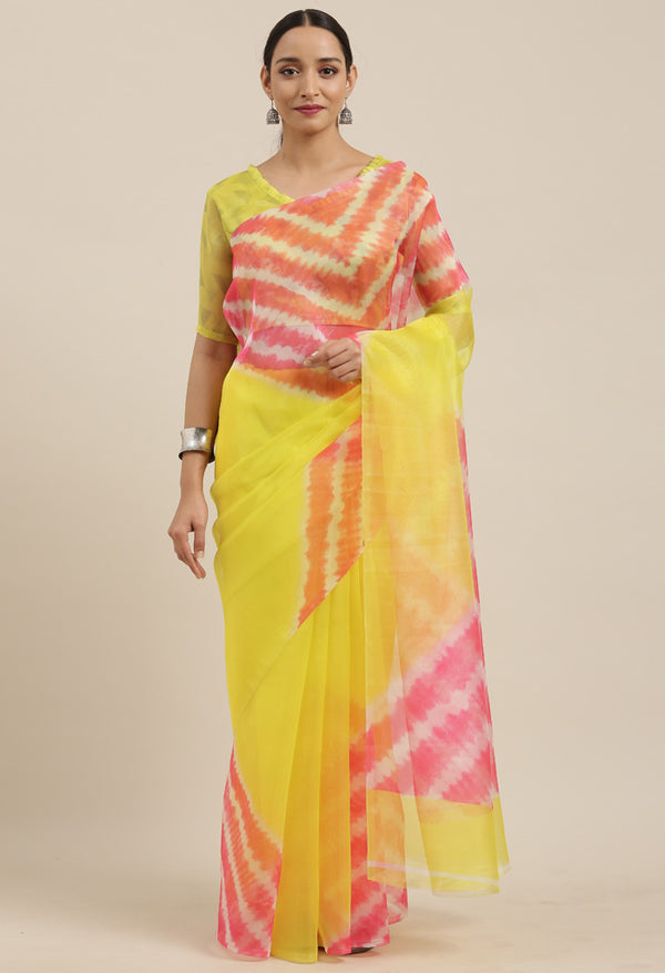 Yellow And Pink Organza Digital Floral Printed Traditional  Saree