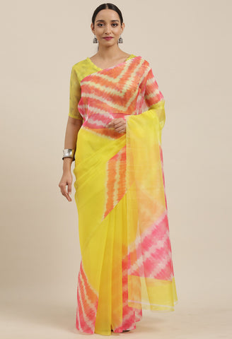 Yellow And Pink Organza Digital Floral Printed Traditional  Saree