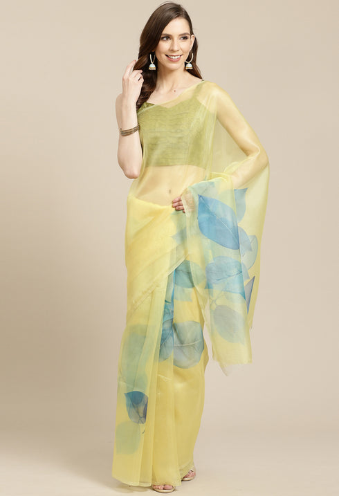 Yellow Organza Digital Floral Printed Traditional  Saree