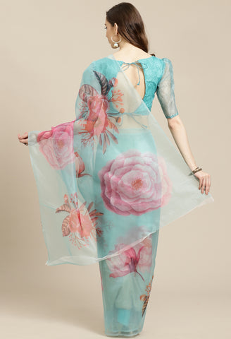 Turquoise Organza Digital Floral Printed Traditional  Saree