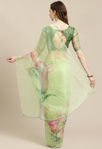 Green Organza Digital Floral Printed Traditional  Saree