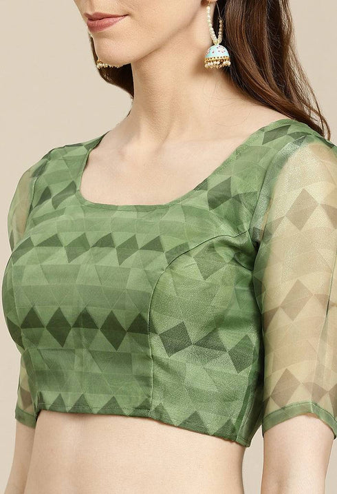 Green Organza Digital Floral Printed Traditional  Saree