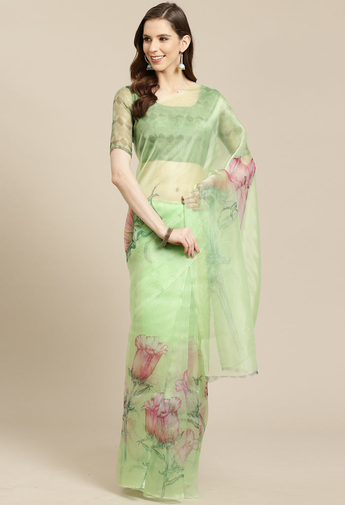 Green Organza Digital Floral Printed Traditional  Saree