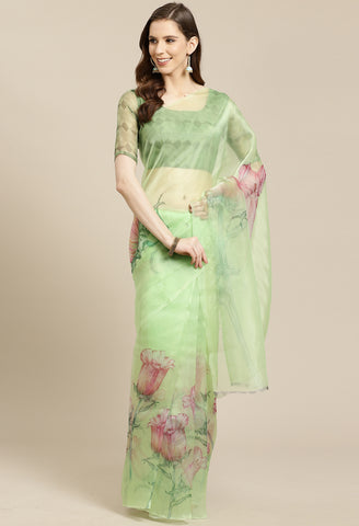 Green Organza Digital Floral Printed Traditional  Saree