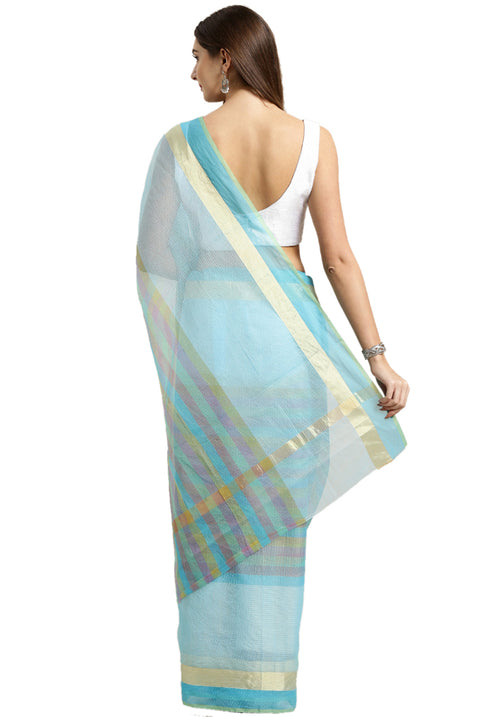 Sky Blue kota Doria Cotton With Multicolored Striped Printed Traditional Saree