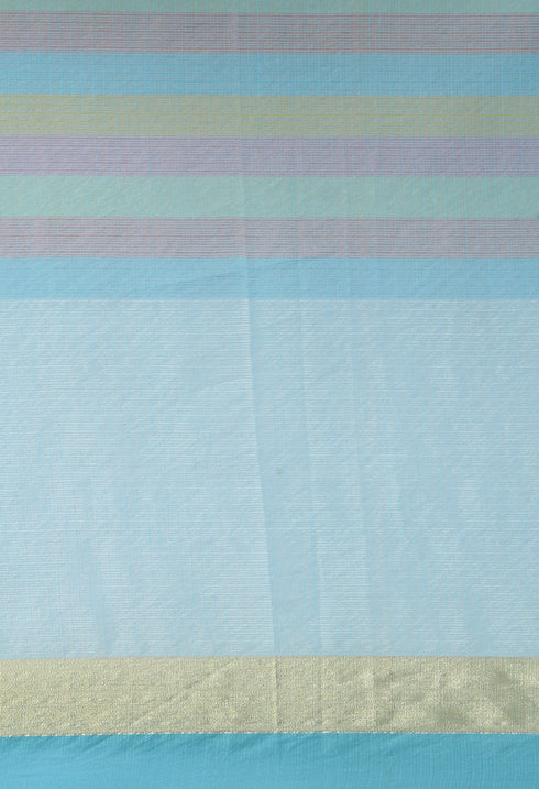 Sky Blue kota Doria Cotton With Multicolored Striped Printed Traditional Saree