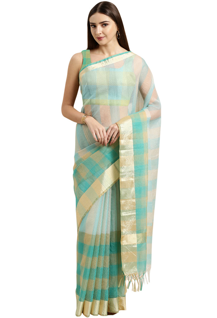 Turquoise & Beige kota Doria Cotton Printed Traditional Saree