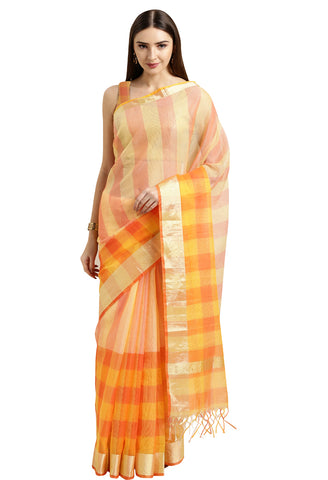 Orange & Yellow kota Doria Cotton Printed Traditional Saree