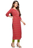 Red And Green Pure Cambric Cotton Jaipuri Printed Kurti