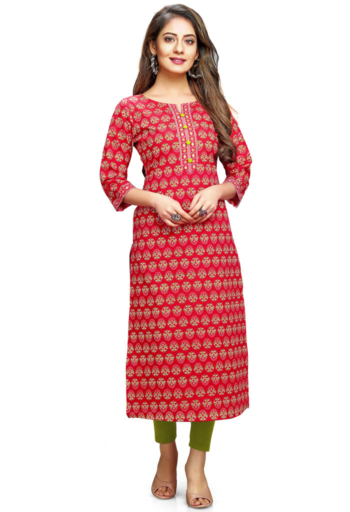 Red And Green Pure Cambric Cotton Jaipuri Printed Kurti