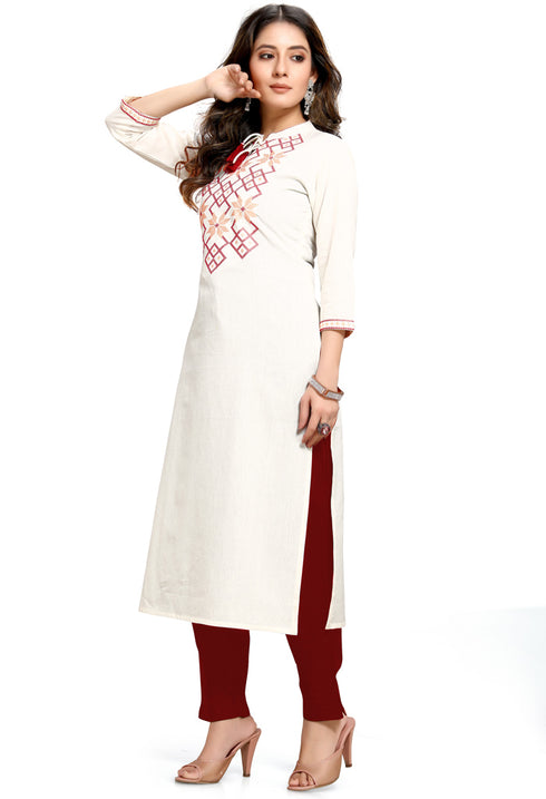 Off-White Pure Cambric Cotton Jaipuri Embroidered Kurti