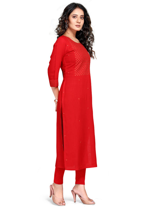 Red Rayon Slub Embroidered Kurti