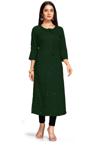 Bottle Green Rayon Slub Embroidered Kurti