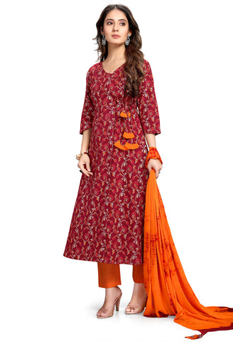 Maroon Pure Cambric Cotton Jaipuri Printed Kurta Set With Dupatta