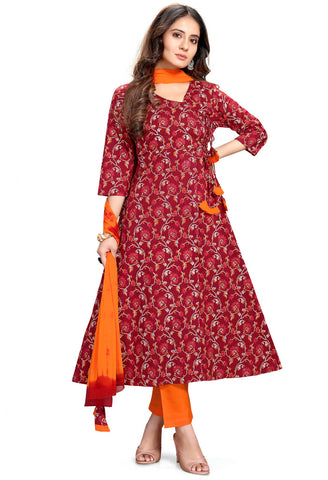 Maroon Pure Cambric Cotton Jaipuri Printed Kurta Set With Dupatta