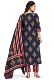 Navy Blue Pure Cambric Cotton Jaipuri Printed Kurta Set With Dupatta