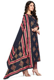 Navy Blue Pure Cambric Cotton Jaipuri Printed Kurta Set With Dupatta