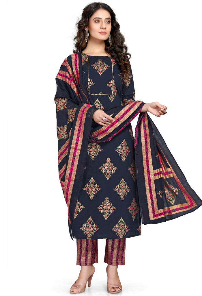 Navy Blue Pure Cambric Cotton Jaipuri Printed Kurta Set With Dupatta