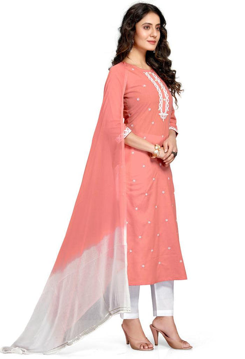 Pink Pure Cambric Cotton Embroidered Kurta Set With Dupatta