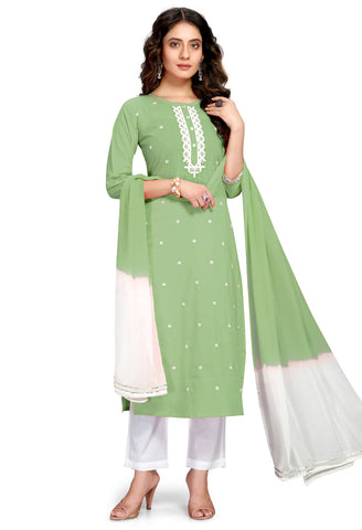 Green Pure Cambric Cotton Embroidered Kurta Set With Dupatta