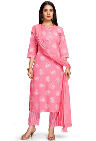 Baby Pink Pure Cambric Cotton Jaipuri Printed Kurta Set With Dupatta