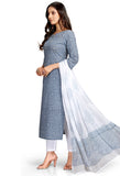 Grey And White  Pure Cambric Cotton Printed Kurta Set With Dupatta