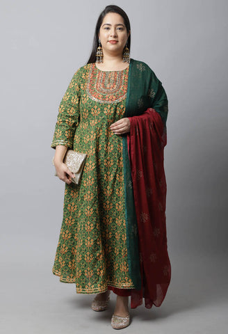 Pure Cambric Cotton Embroidered Plus Size Kurta Set With Dupatta