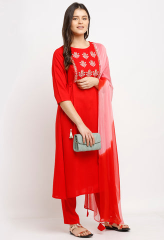 Red Rayon Slub Floral Embroidered Kurta Set With Dupatta