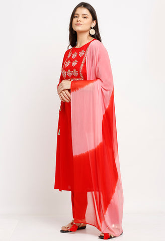 Red Rayon Slub Floral Embroidered Kurta Set With Dupatta