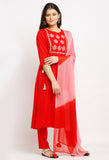 Red Rayon Slub Floral Embroidered Kurta Set With Dupatta