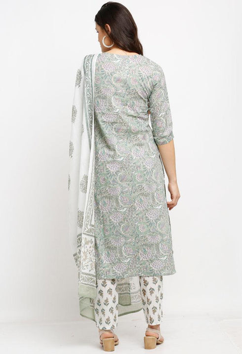 Light Green Pure Cambric Cotton Floral Printed Kurta Set With Dupatta
