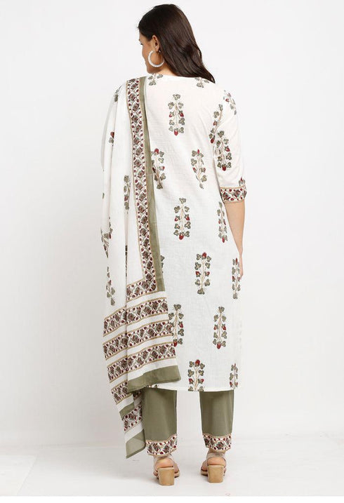 White And Green Pure Cambric Cotton Floral Printed Kurta Set With Dupatta