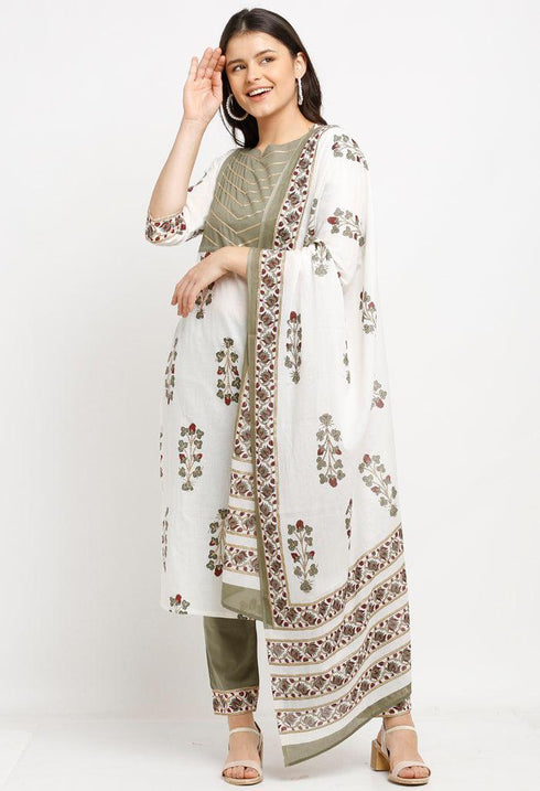 White And Green Pure Cambric Cotton Floral Printed Kurta Set With Dupatta