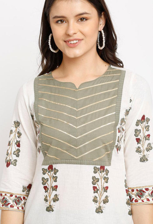 White And Green Pure Cambric Cotton Floral Printed Kurta Set With Dupatta